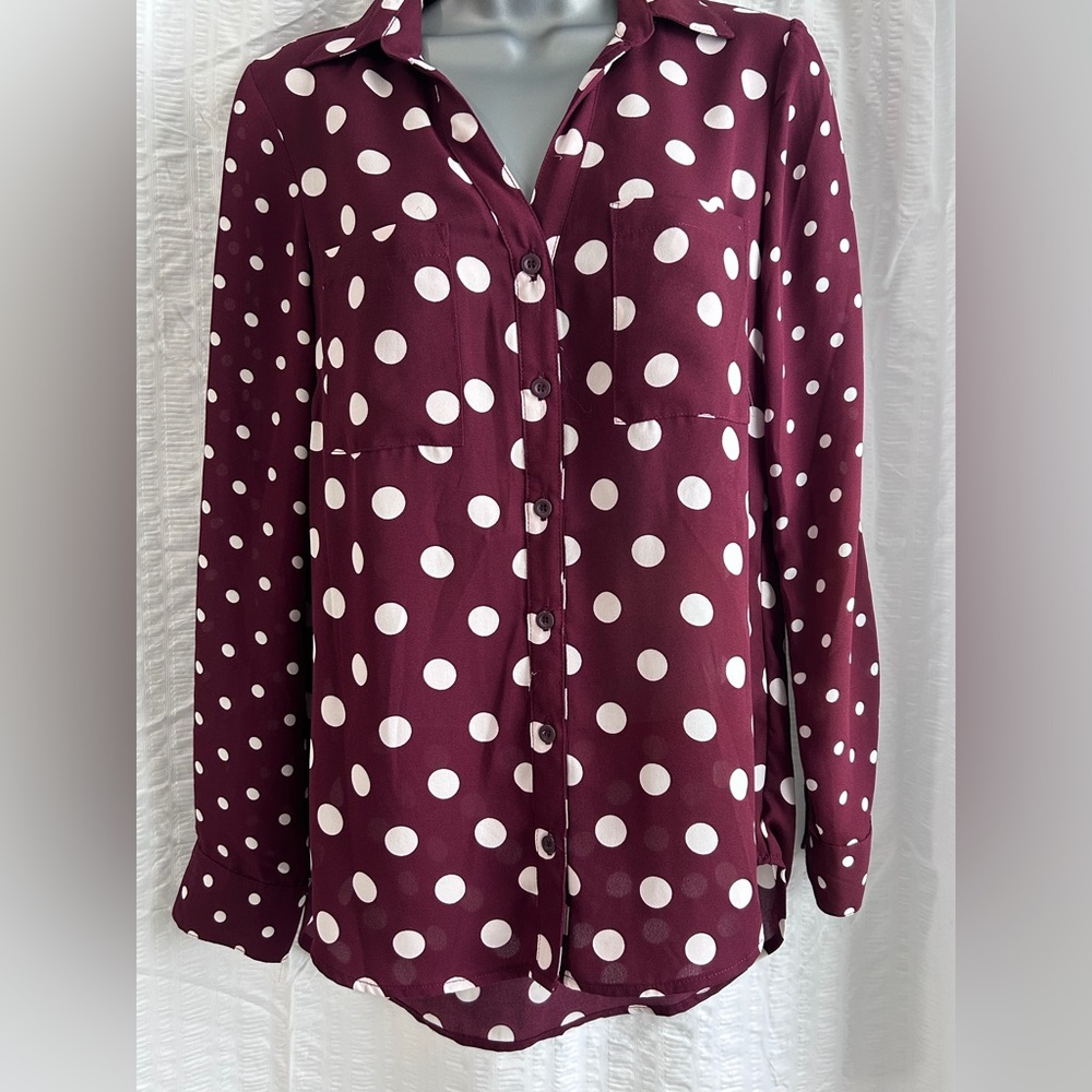 Polka Dot Button-Up Blouse - Burgundy and White